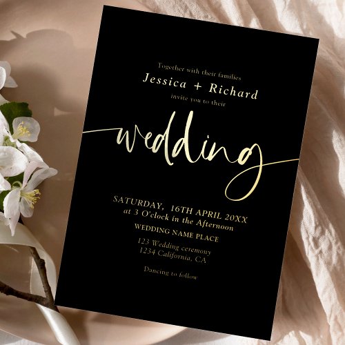 Modern elegant simple gold wedding script foil invitation