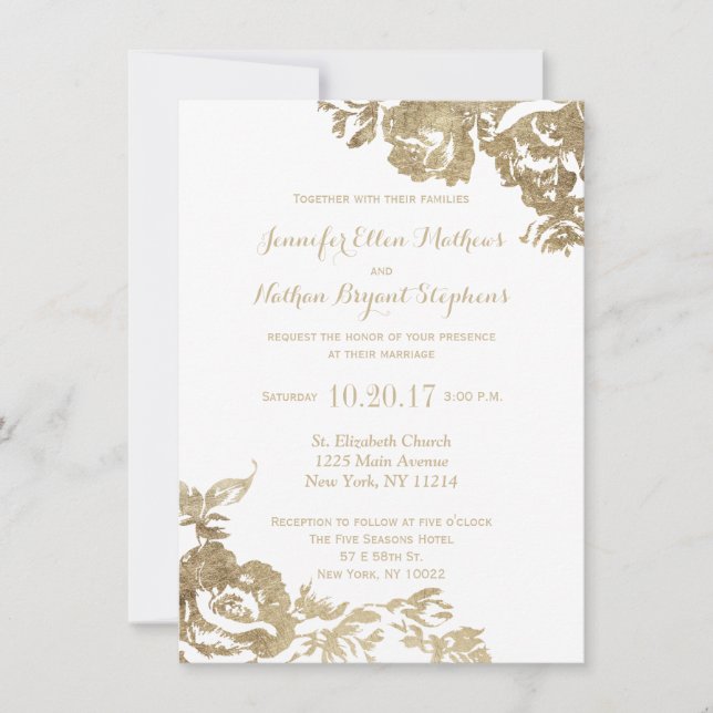 Modern Elegant Simple Gold White Floral Wedding Invitation (Front)