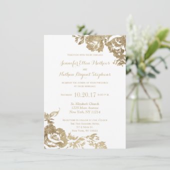 Modern Elegant Simple Gold White Floral Wedding Invitation | Zazzle