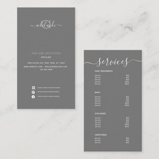 Modern Elegant Simple Gray Spa Salon Service Menu Business Card (Front/Back)