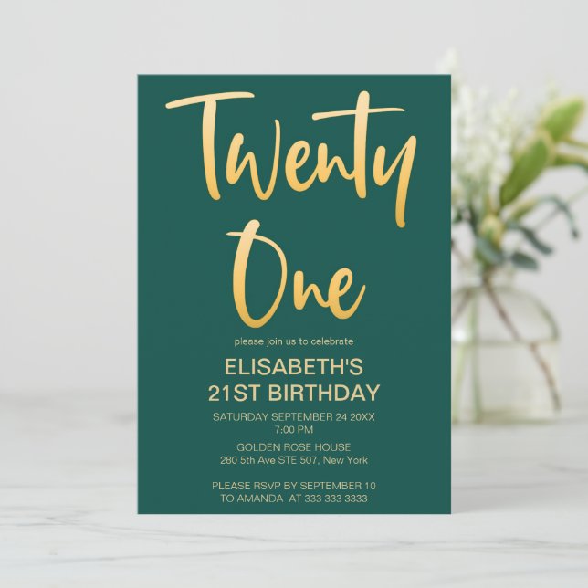 Modern Elegant Simple Green 21ST Birthday Party Invitation (Standing Front)