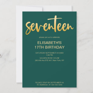 Modern Elegant Simple Green/Gold 17 Birthday Party Invitation