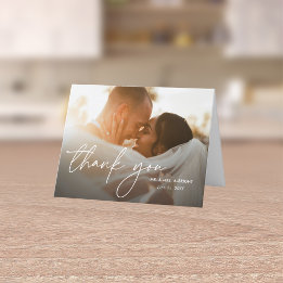 Modern Elegant Simple Handwritten 2 Photos Wedding Letterpress Thank You Card