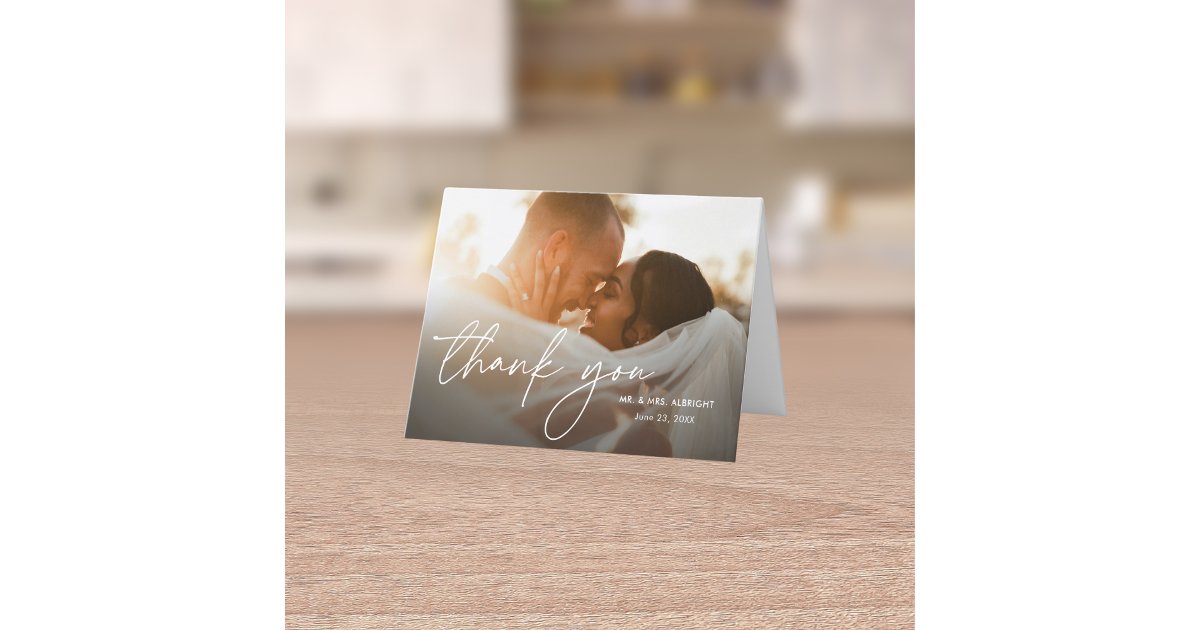 Modern Elegant Simple Handwritten 2 Photos Wedding Thank You Card | Zazzle