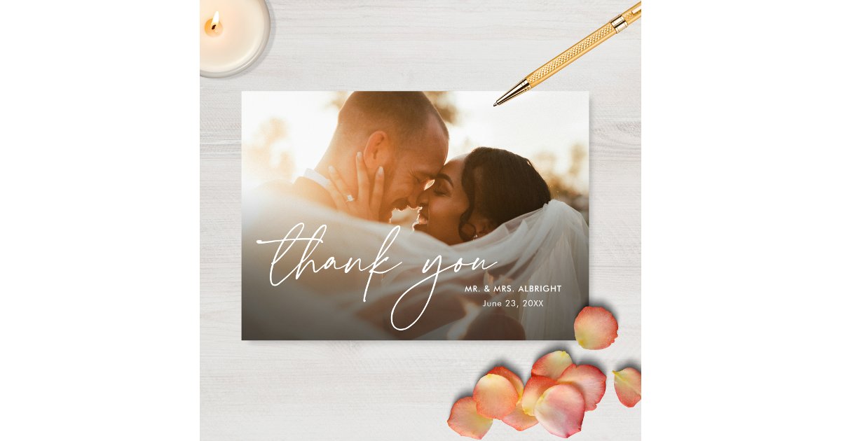 Modern Elegant Simple Horizontal Photo Wedding Thank You Card | Zazzle