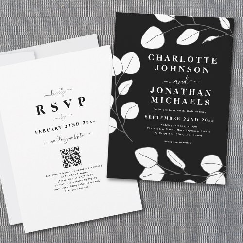 Modern Elegant Simple Leaf Black and White QR Code Invitation
