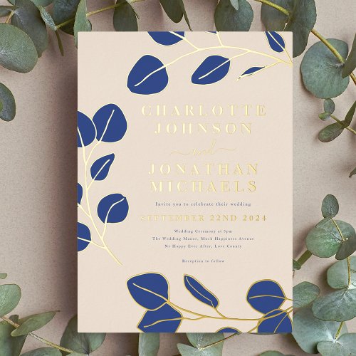 Modern Elegant Simple Leaves Blue and Gold Foil Invitation
