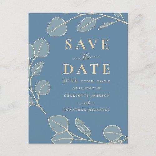 Modern Elegant Simple Leaves Blue Wedding Announcement Postcard