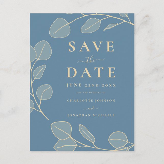Modern Elegant Simple Leaves Blue Wedding Announcement Postcard (Front)