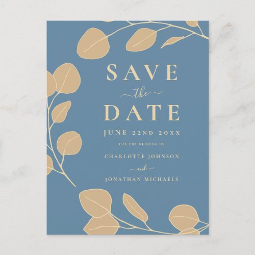 Modern Elegant Simple Leaves Blue Wedding Announcement Postcard