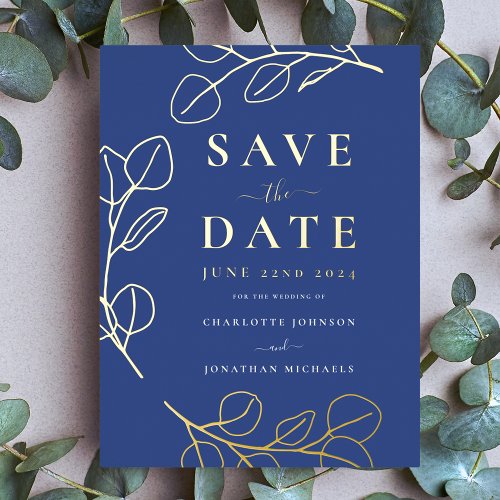 Modern Elegant Simple Leaves Wedding Blue Gold Foil Invitation Postcard