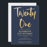 Modern Elegant Simple Navy  21st Birthday Party Invitation<br><div class="desc">Introduce new modrn,  elegant 21 st birthday party invitation simple navy blue background with gold handrwitten typography text  "twenty one". Customize this template card by adding your own party information.</div>