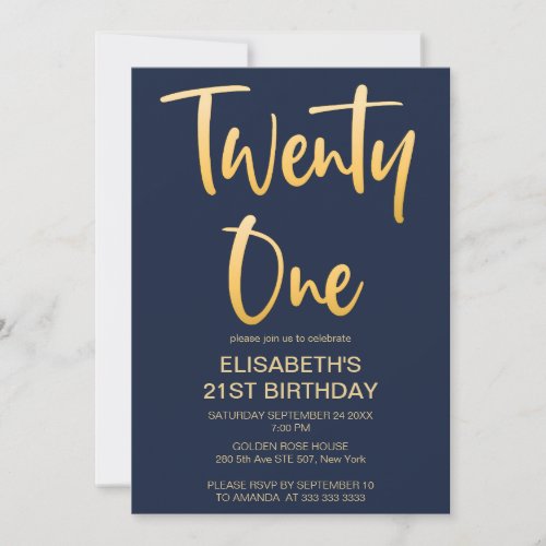 Modern Elegant Simple Navy  21st Birthday Party Invitation