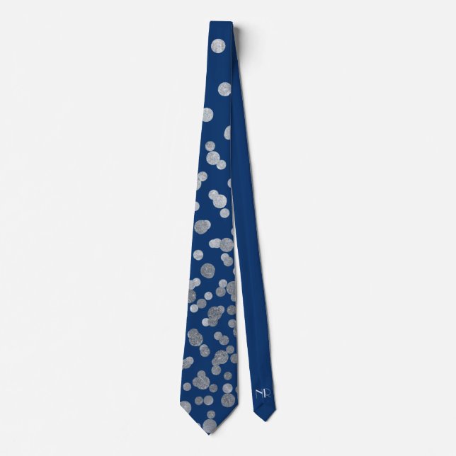  Modern Elegant Simple Navy Blue Silver Polka Dots Neck Tie (Front)