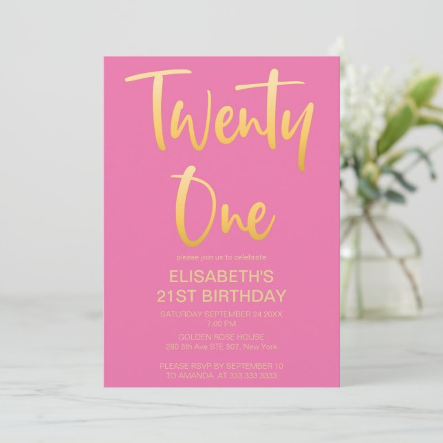 Modern Elegant Simple Pink 21ST Birthday Party Invitation (Standing Front)