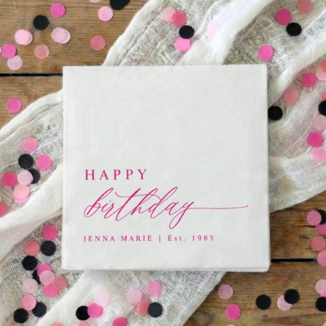 Modern Elegant Simple Pink Happy Birthday Napkins (Pink personalized happy birthday script party napkins - Modern, elegant and simple.)
