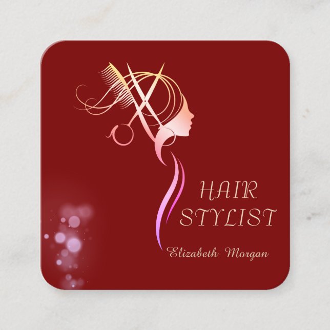 Modern Elegant Simple Plain,Gold Scissors Red Square Business Card (Front)