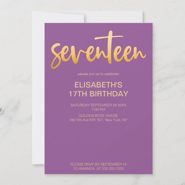 Modern Elegant Simple Purple 17 Birthday Party Invitation (Front)