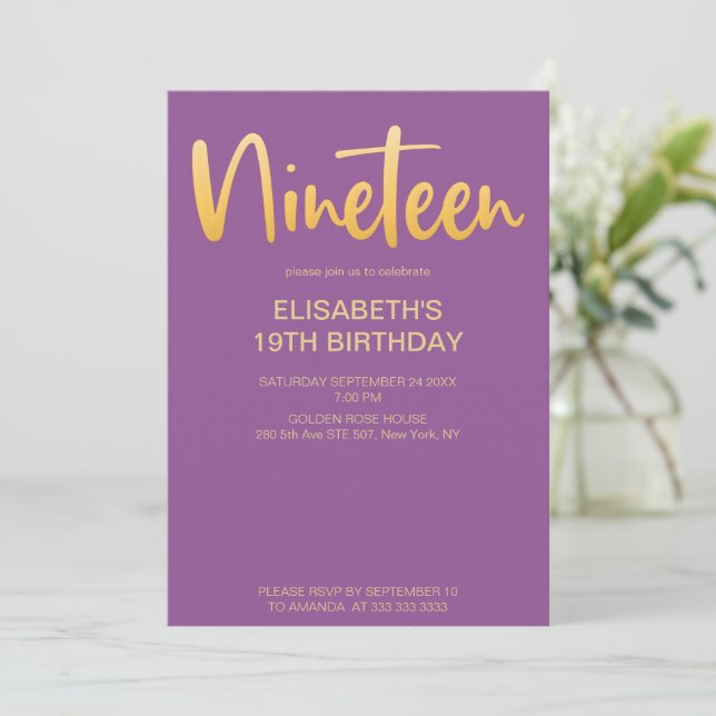 Modern Elegant Simple Purple 19 Birthday Party Invitation (Standing Front)