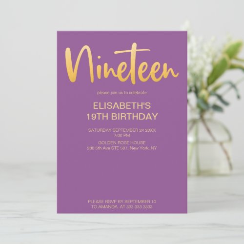 Modern Elegant Simple Purple 19 Birthday Party Invitation
