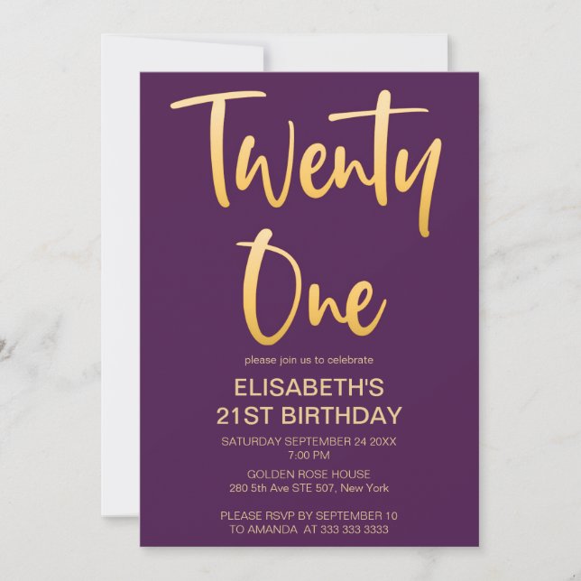 Modern Elegant Simple Purple 21ST Birthday Party Invitation (Front)