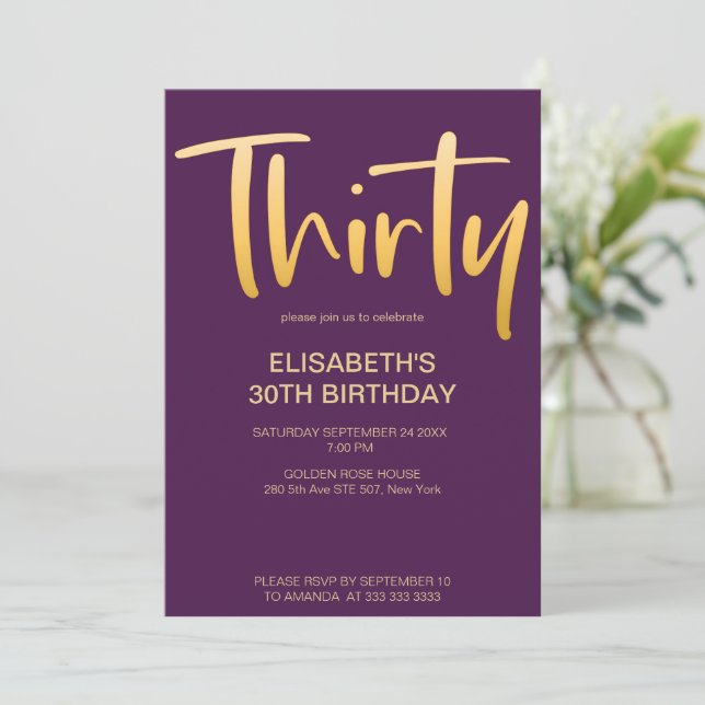 Modern Elegant Simple Purple 30th Birthday Party Invitation (Standing Front)