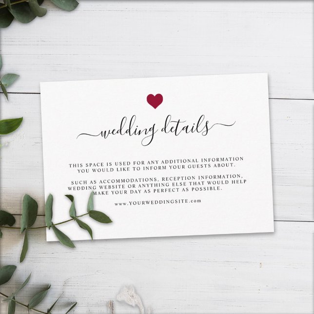 Modern Elegant Simple Red Heart Wedding Details Enclosure Card (Creator Uploaded)