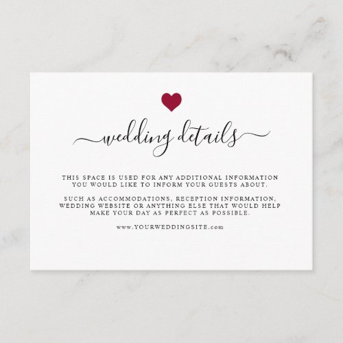 Modern Elegant Simple Red Heart Wedding Details Enclosure Card