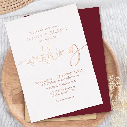 Modern elegant simple rose gold wedding script foil invitation