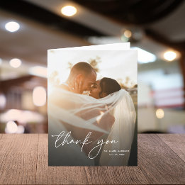 Modern Elegant Simple Script 2 Photos Wedding Letterpress Thank You Card