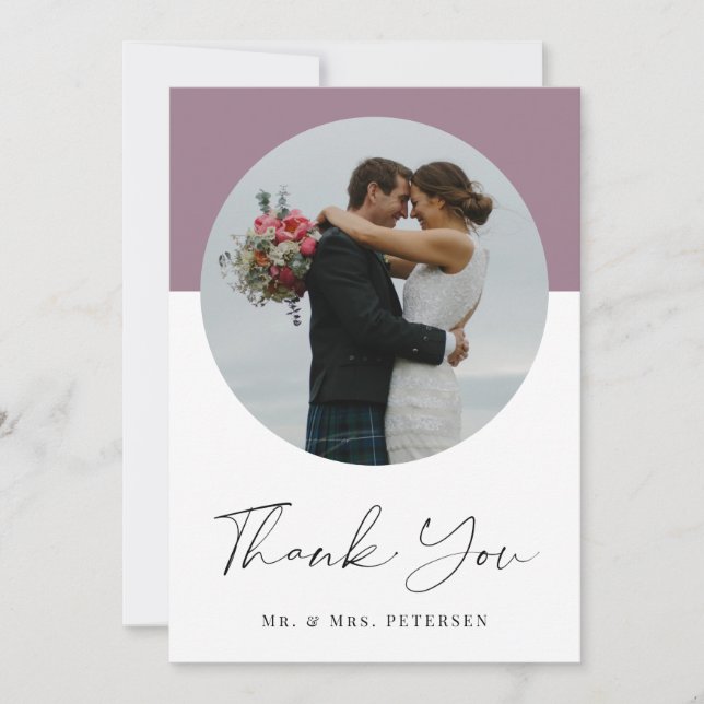 Modern elegant simple script photo wedding thank you card (Front)