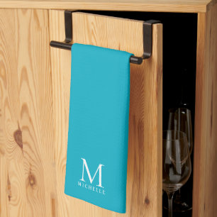 Modern Elegant Simple Template Monogram Azure Blue Kitchen Towel