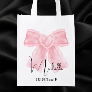 Modern Elegant Simple Trendy Pink Bow Bridesmaid Grocery Bag