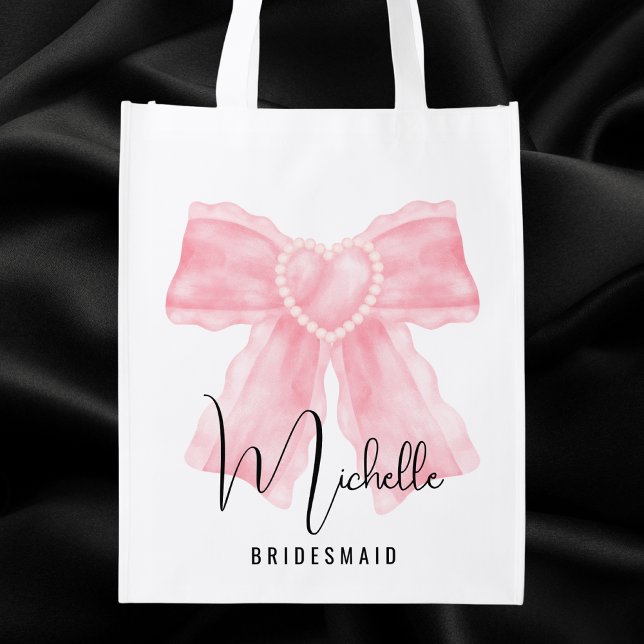 Modern Elegant Simple Trendy Pink Bow Bridesmaid  Grocery Bag (Creator Uploaded)