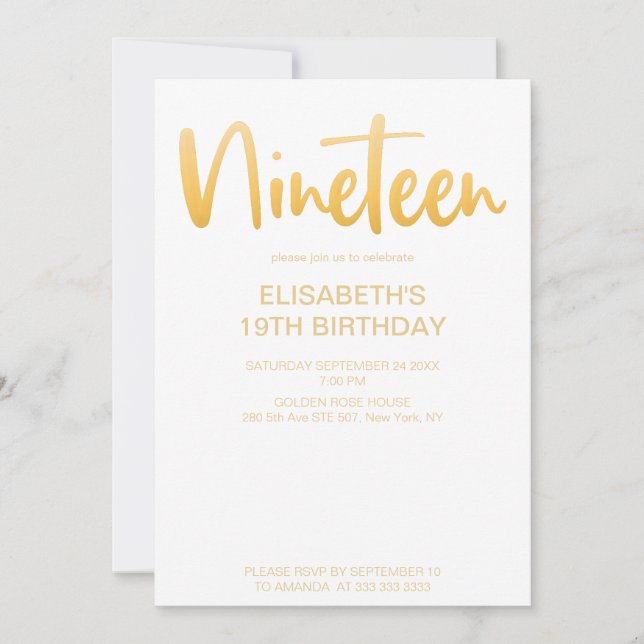 Modern Elegant Simple White 19 Birthday Party Invitation (Front)