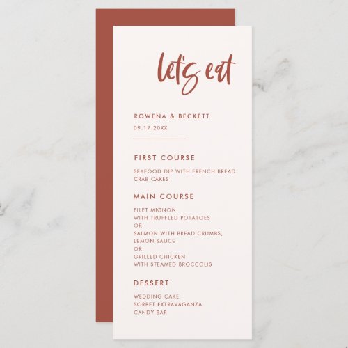 Modern elegant snow pink Lets eat wedding Menu