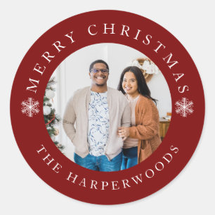 Modern Elegant Snowflakes Christmas Family 1 Photo Classic Round Sticker