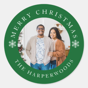 Modern Elegant Snowflakes Christmas Family 1 Photo Classic Round Sticker
