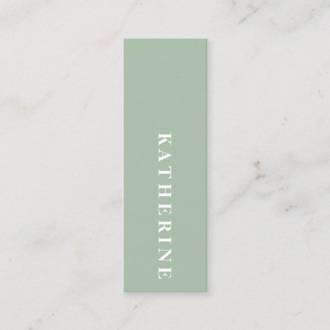 Modern elegant soft green minimalist photo writer mini business card (Front)