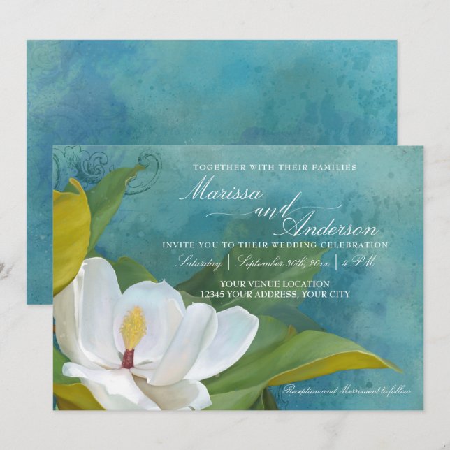 Modern Elegant Southern Magnolia Floral Typography Invitation (Front/Back)