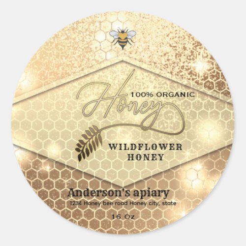 Modern elegant sparkle bee honey    classic round sticker