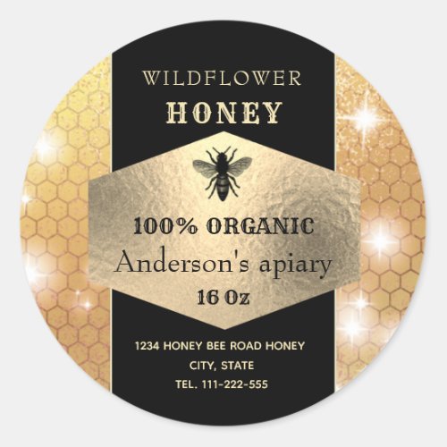 Modern elegant sparkle gold bee honey jar label