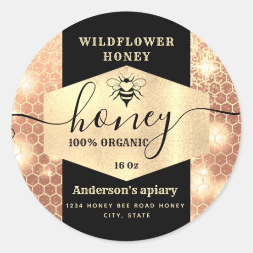Modern elegant sparkle gold bee  script honey  cla classic round sticker