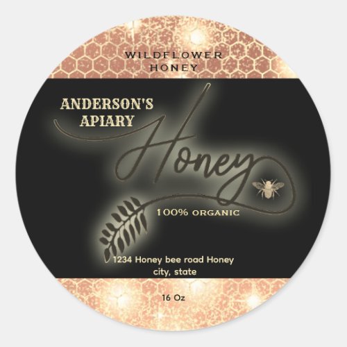 Modern elegant sparkle gold bee  script honey   classic round sticker