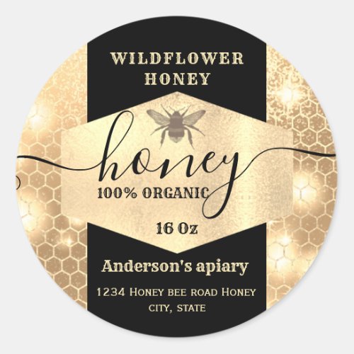 Modern elegant sparkle gold bee  script honey classic round sticker