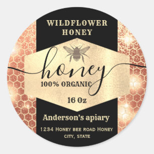 Modern elegant sparkle gold bee script honey classic round sticker