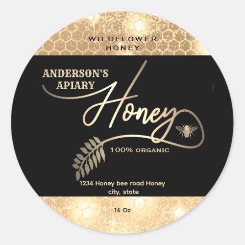 Modern elegant sparkle gold bee  script honey   classic round sticker
