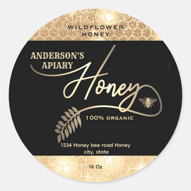 Modern elegant sparkle gold bee  script honey   classic round sticker (Front)