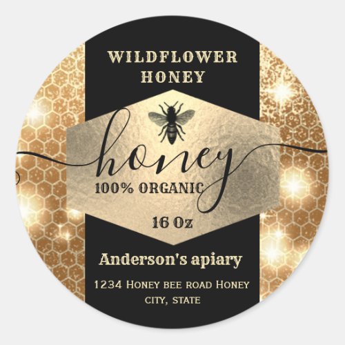 Modern elegant sparkle gold bee  script honey classic round sticker