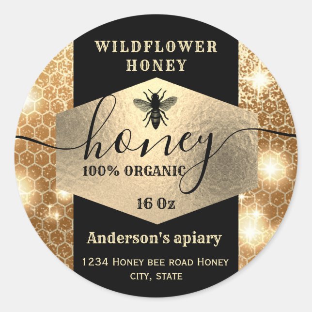 Modern elegant sparkle gold bee  script honey classic round sticker (Front)